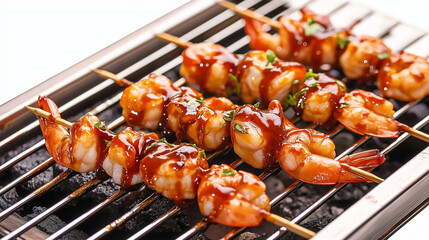 Top view of shrimp skewers with barbecue sauce on a metal bar grill, isolated white background. The bar grill is made of stainless steel