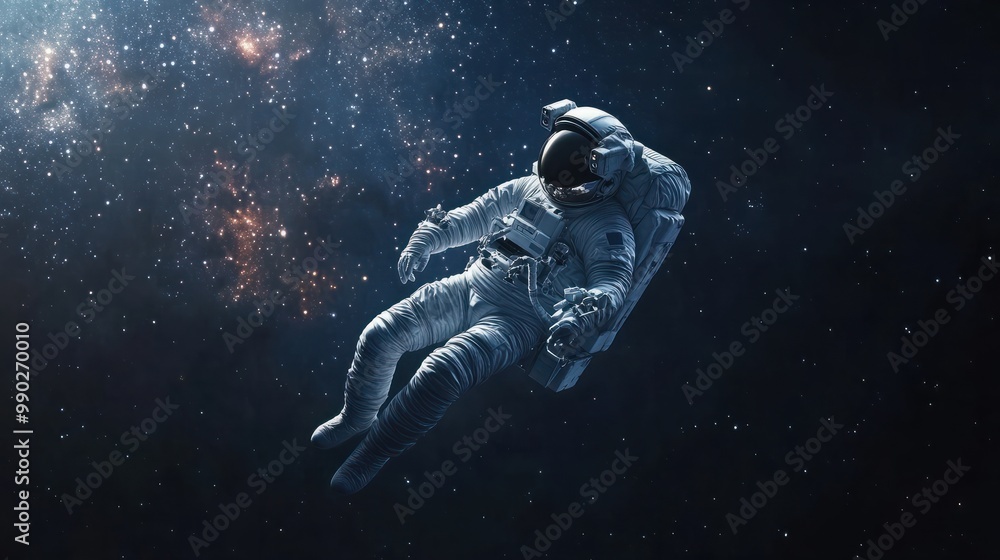 Poster single astronaut floating in space with dust and stars, created using generative ai technology