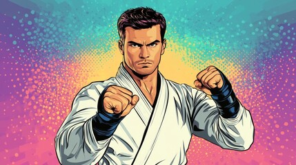 Karate businessman business concept success office work pop art retro style. Sports and martial arts. Accounting business document management