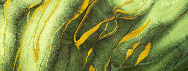 Abstract fluid art background green and olive colors. Liquid marble. Acrylic painting with golden...