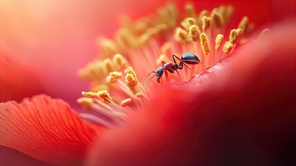 Fototapeta premium Close-Up of an Ant on a Vibrant Red Poppy: A Stunning Poster for Nature Enthusiasts and Unique Sports Interior Decor