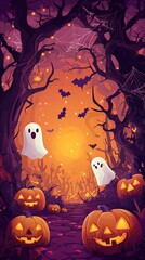 Pumpkin Magic: Playful Halloween Scene with Goofy Jack-o'-Lanterns and Friendly Ghosts