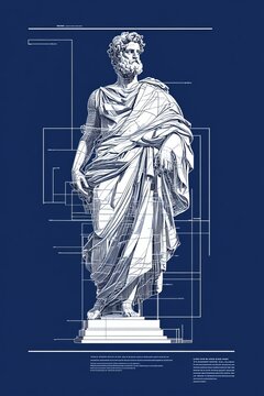 White marble statue of Aristotle, blueprint illustration