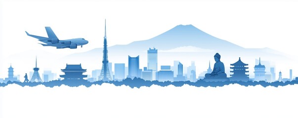 japan city skyline by Fuji mount is background while airplane fly above,generative AI illustration