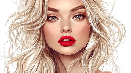 Fototapeta premium Blonde woman with wavy hair and bold red lips posing against a light background