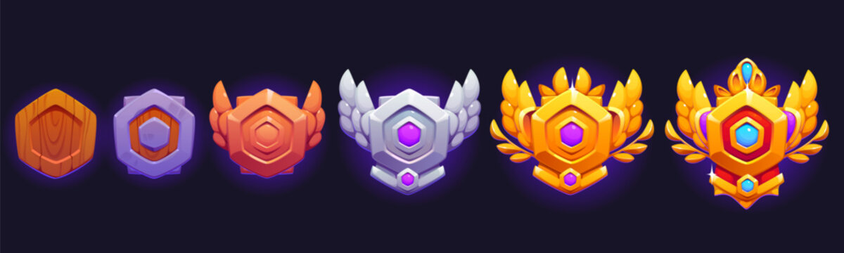 Game level badge or rank medal icons of victory rank shield for GUI interface, vector banners. Level up badges of wooden or gold metal shields with wings and jewels for arcade video game level reward
