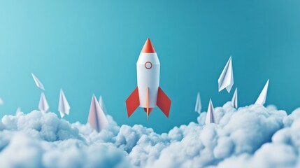 3D illustration of leadership success business concept rocket paper fly over color background lead rocket stand out of other paper rocket follower