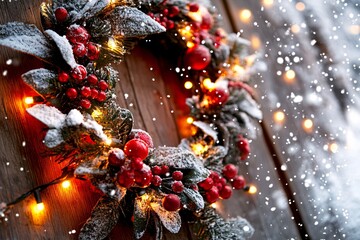 Festive Holiday Wreath with Warm Glow and Snowfall