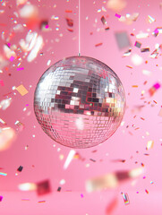 Mirror silver shiny disco ball on a pink background. Party, holiday. Glittery confetti.