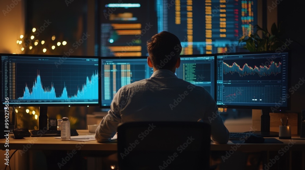 Aufkleber a man is sitting in front of three computer monitors