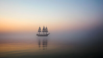 A large ship sails in the foggy water