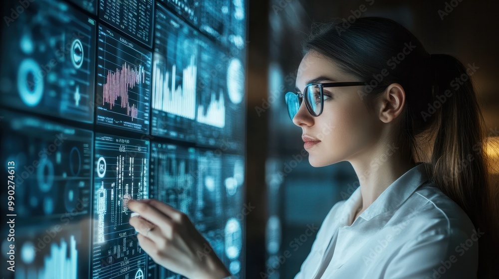 Aufkleber a female data analyst looking at a bunch of data on multiple screen