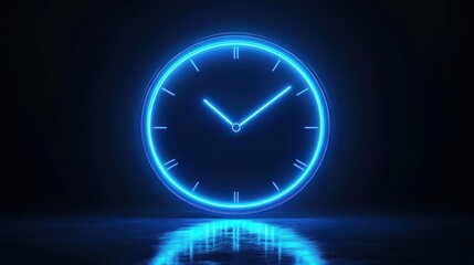 A futuristic digital clock light effect. A glowing silhouette of a clock representing time. Background laser blue neon clock vector illustration