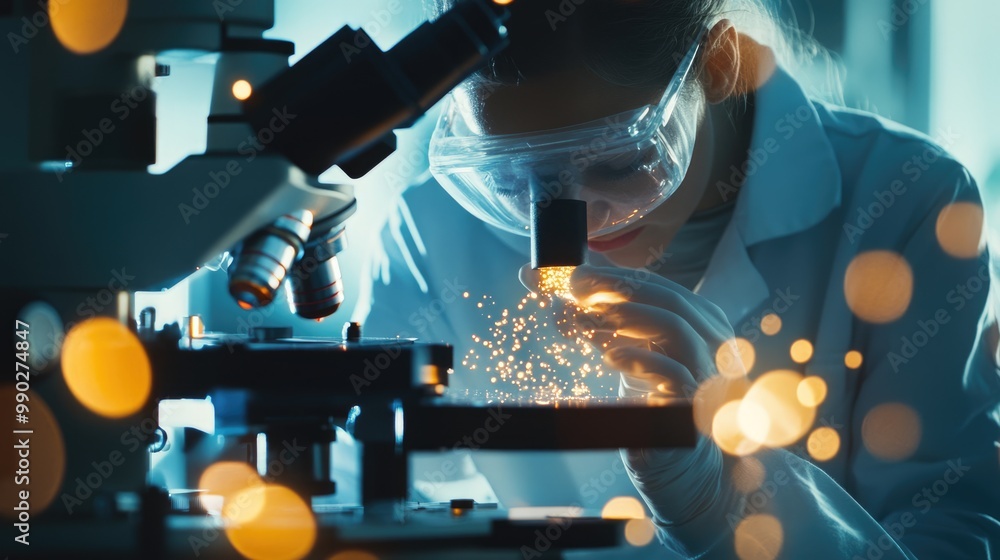 Poster scientist examining sample with microscope