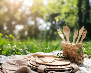 Sustainable Picnic with Bamboo Utensils and Reusable Plates in a Scenic Park