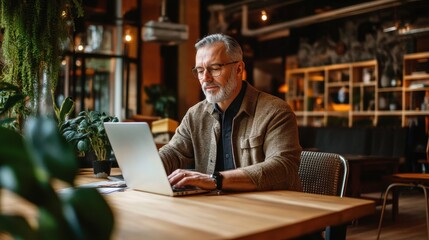 Obraz premium A man is sitting at a table with a laptop in front of him