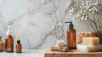 Fototapeta premium Minimalist Bathroom Essentials with Solid Shampoos and Refillable Glass Bottles for Zero Waste Lifestyle Concept