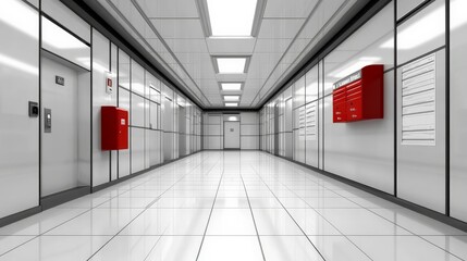 Sleek and Modern Office Hallway with Red Lockers