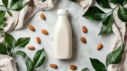 A bottle of almond milk sits at the center, encircled by whole almonds and lush green leaves, creating a natural and fresh ambiance on a textured background