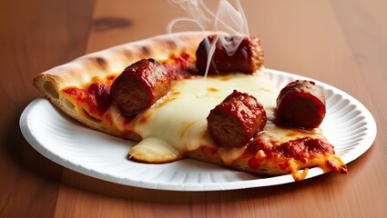 A classic pizza slice dripping with cheese and topped with spicy sausage, a perfect bite of comfort food.