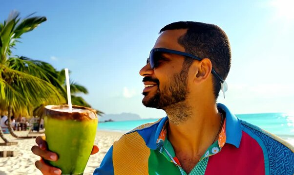 Happy Algerian Man Enjoying a Tropical Vacation on the Beach