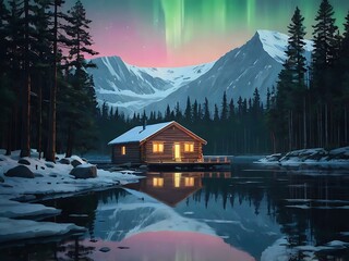 Fototapeta premium Nordic Forest Scene with Northern Lights Reflection