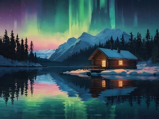 Obraz premium Peaceful Nordic Cabin by Fjord Under Night Sky