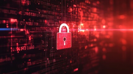Abstract cybersecurity red alert warning padlock symbol with binary letters and numbers on a digital background, information security, data protection concept