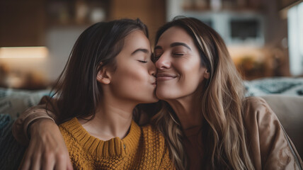 A heartwarming moment between a grandmother and granddaughter, captured in a tender kiss. This intimate and emotional image beautifully conveys the love, warmth and bond shared across generations,