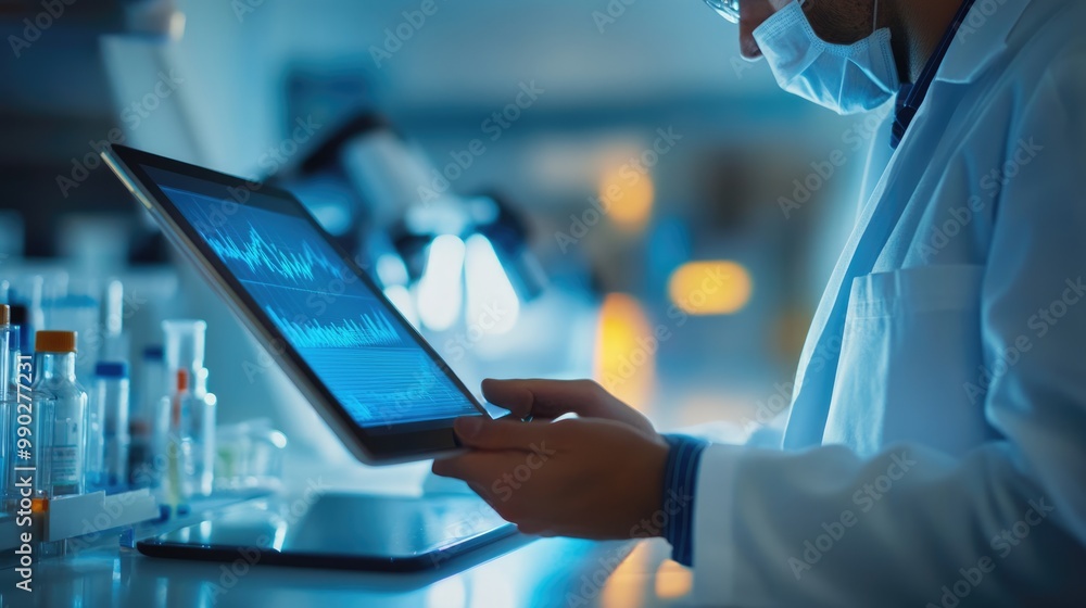 Poster scientist analyzing data on tablet in a laboratory