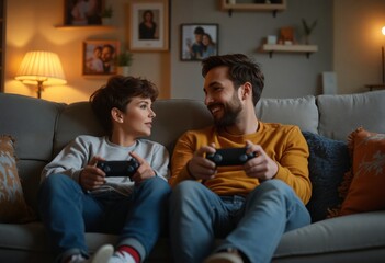 Obraz premium a man and a boy sitting on a couch playing video games