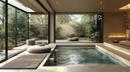 Modern indoor spa with a serene view of nature.