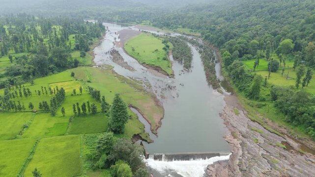 Aerial view of water reservoir near agriculture field located in Mayadevi Temple, Dang, Gujarat-India. 
