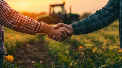 agribusiness handshake business deal agreement between businessman and farmer, purchase sell tractor farm machinery equipment, partnership cooperation collaboration in agriculture business.