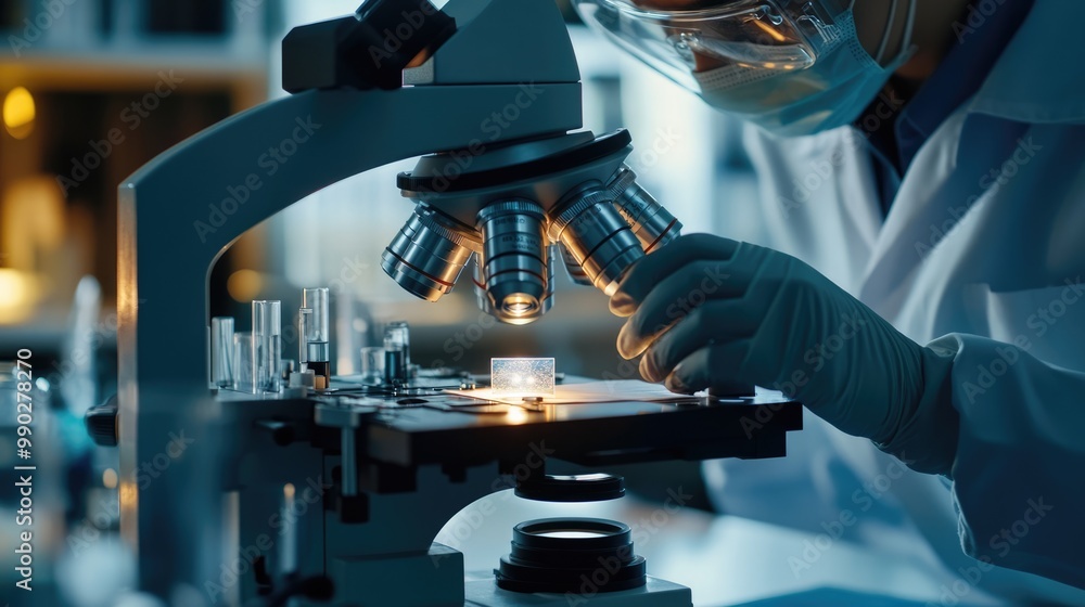 Poster scientist using a microscope in a laboratory setting