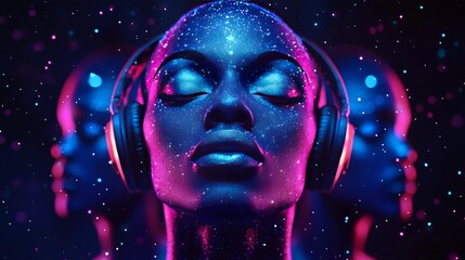 A tranquil moment of a woman immersed in music with cosmic lighting effects