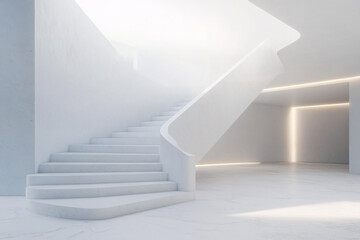 minimalist white modern staircase in open interior space with sunlight streaming through window
