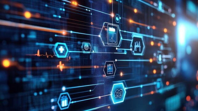 An encrypted blockchain network visualized on a monitor with secure nodes representing individual patient records emphasizing the high level of data confidentiality and security