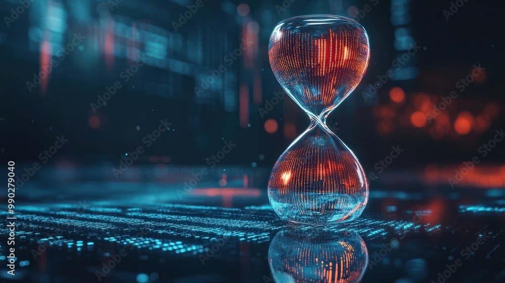 Poster an innovative digital hourglass showcases data bits instead of sand, set against a time-sensitive da