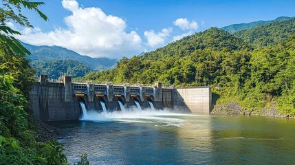 Hydroelectric Dam's Power Water Flowing Through Gates, Beautiful View of River and Mountains