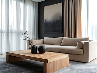 Living Room with Framed Abstract Art and Stylish Coffee Table