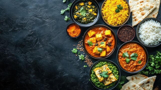 Assorted various Indian food on a dark rustic background. Traditional Indian dishes Chicken tikka masala, palak paneer, saffron rice, lentil soup, pita bread and spices. Square photo.Top view