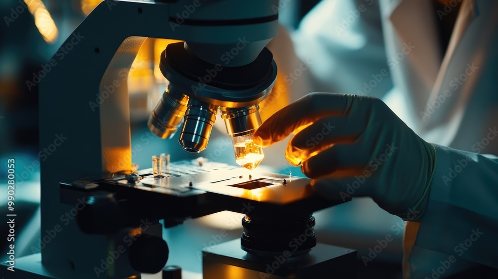 Poster close-up of a scientist using a microscope in a laboratory