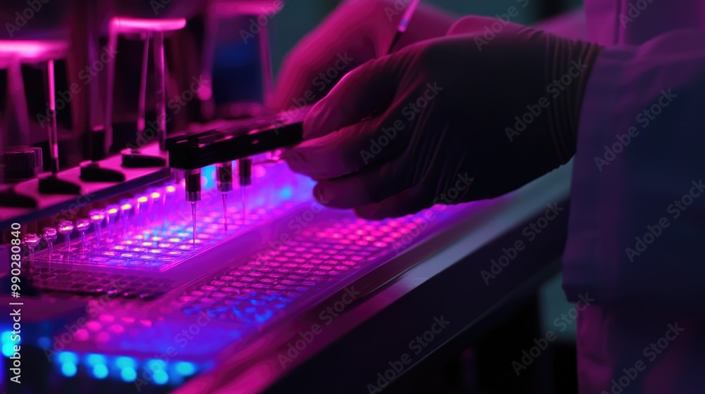 Poster close-up of a scientist working with a multi-well plate in a laboratory