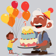 boy with cake and balloons with Grandpa
