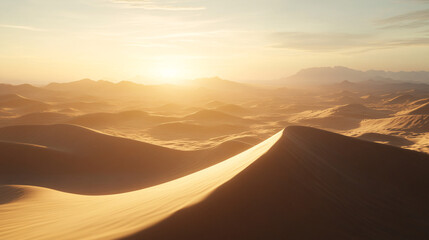 Naklejka premium golden desert dunes at sunset - warm and hazy landscape