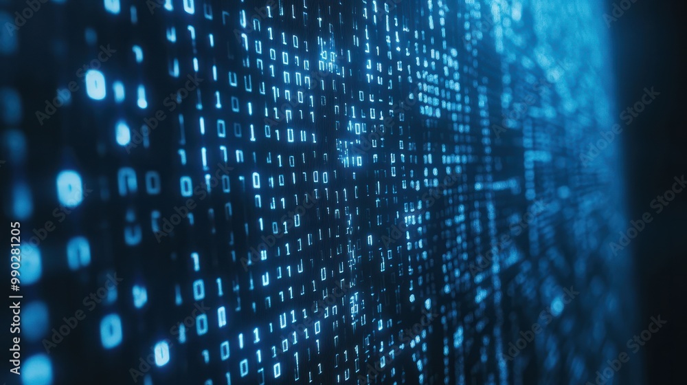 Poster blue digital binary data on computer screen background