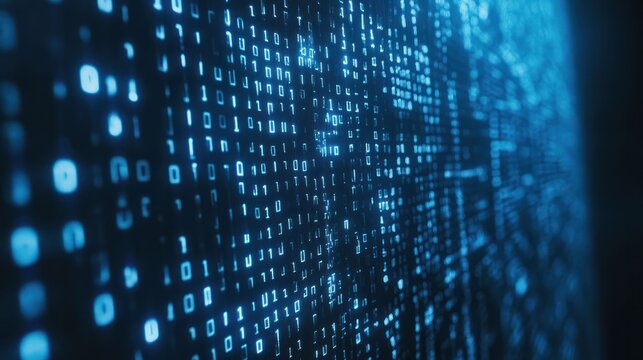 Blue digital binary data on computer screen background