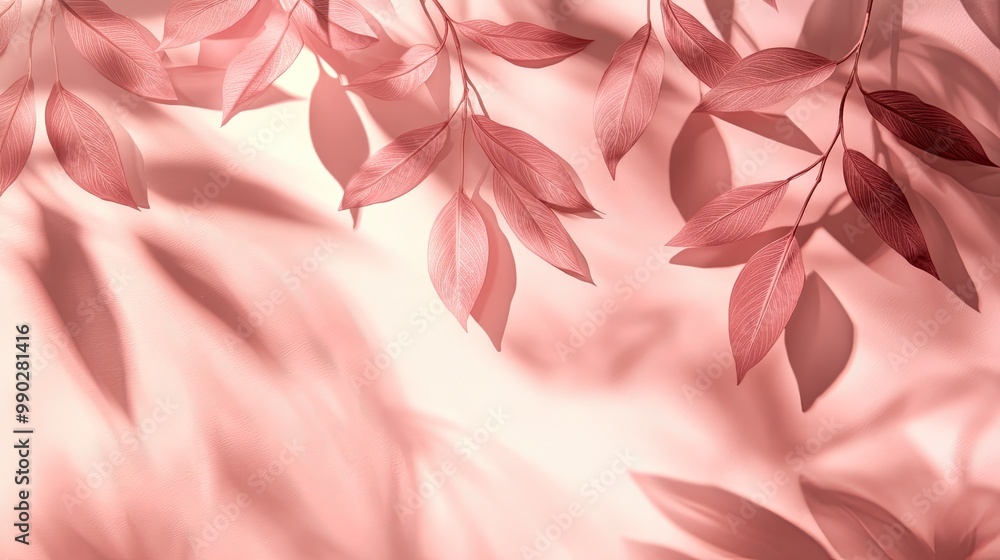 Poster soft pink leaves cast shadows on a subtle pink background. this image evokes a sense of calmness and