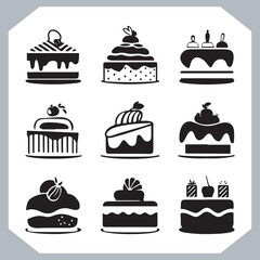 Set of cake silhouette, symbol of the cake holiday, birthday, anniversary, wedding, festive, Birthday cake icons set silhouette vector in white background